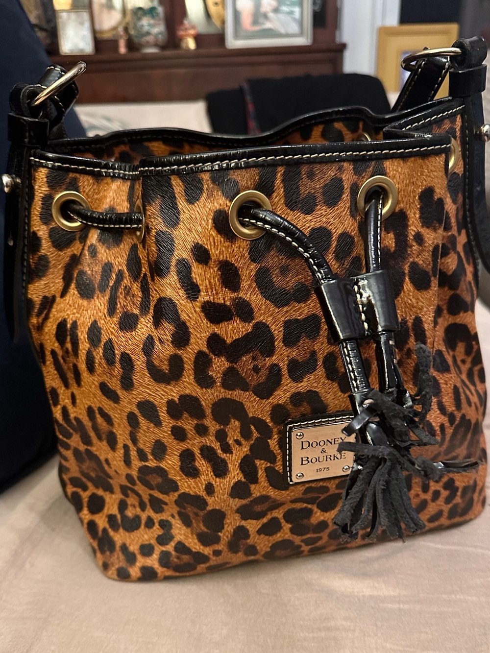 Dooney & Bourke Leopard Print Drawstring Bucket Bag - Brown/Black/Gold